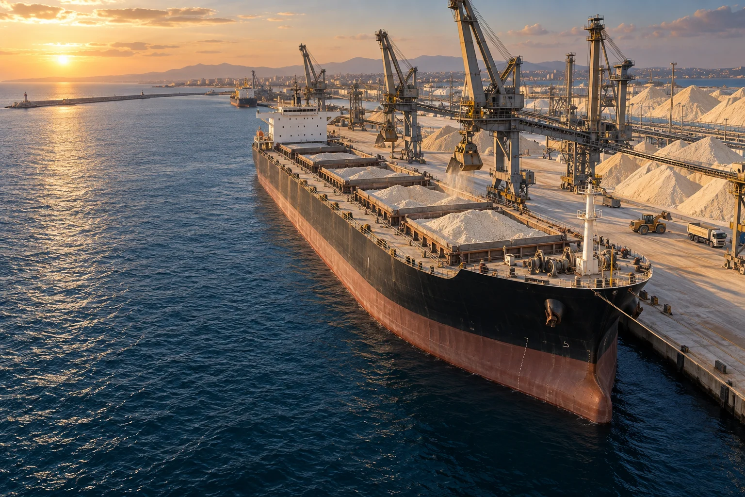 Editorial illustration of a bulk cargo vessel and harbour at golden hour